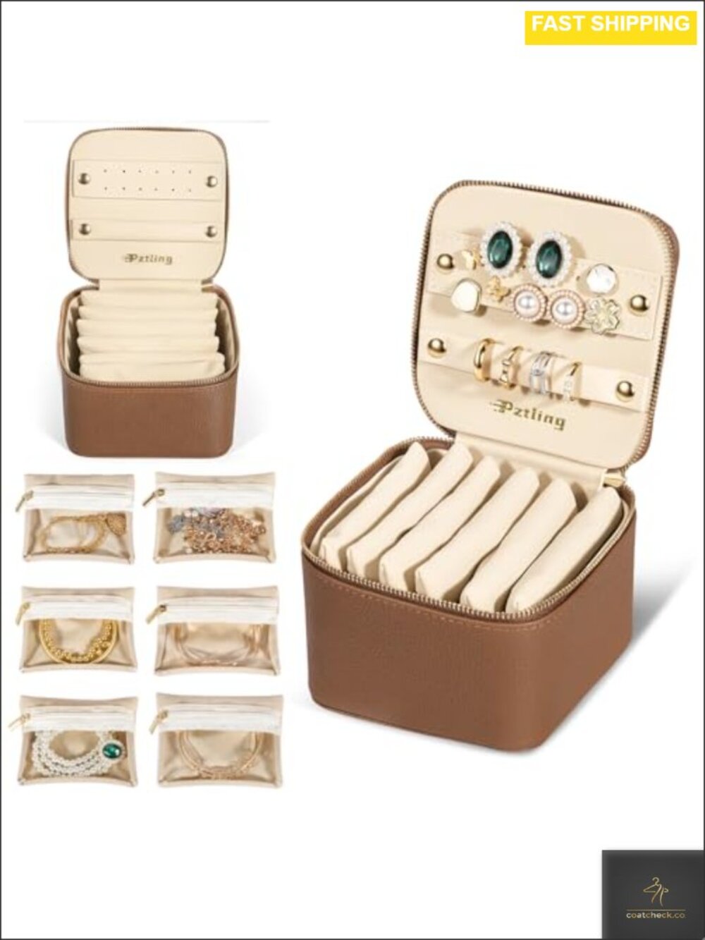 PU Leather Travel Jewelry Case Organizer with 6 Velvet Pouches & Lid Slots